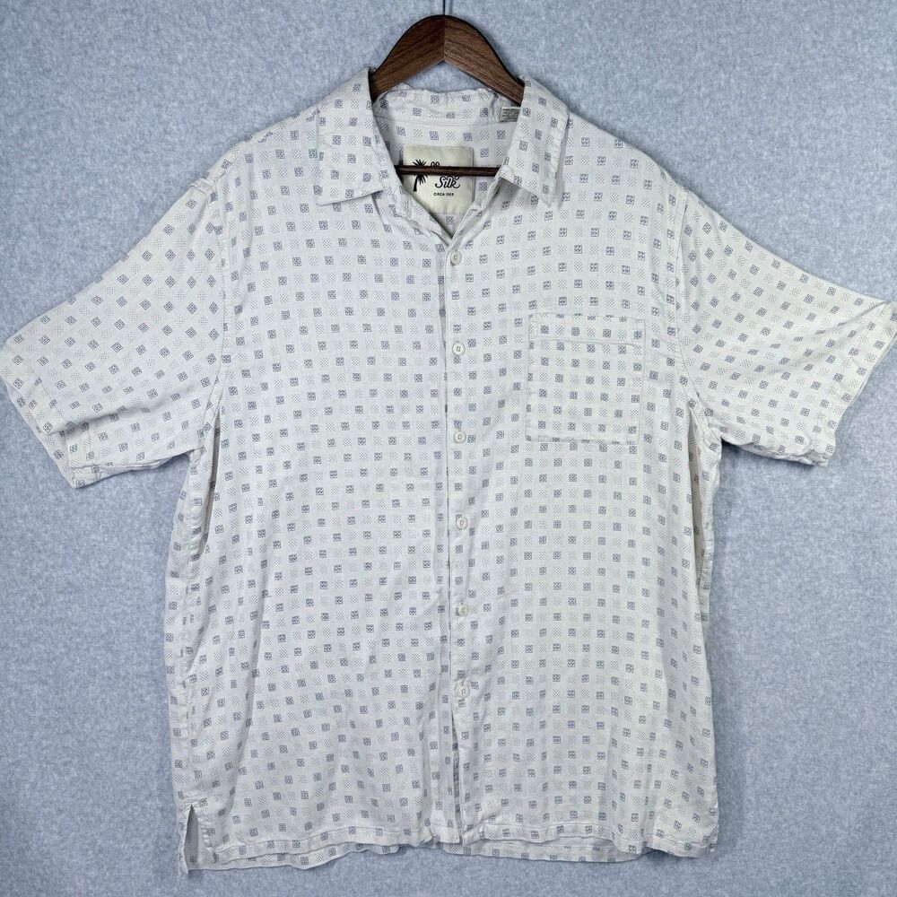 Vintage Silk Button Shirt Mens XXL White Silk Geometric Print Short Sleeve Good